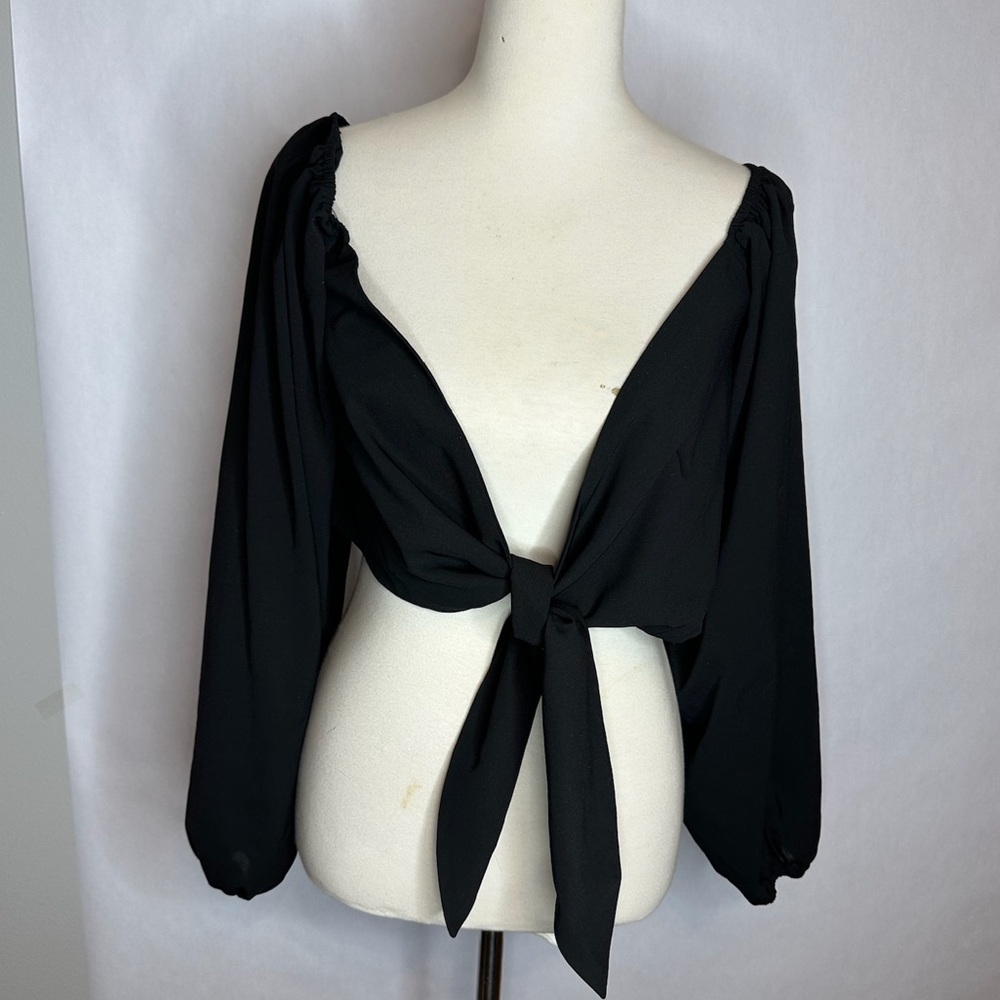Hers & Mine Black Long Sleeve Front Tie Crop Top Size Small - Picture 5 of 5